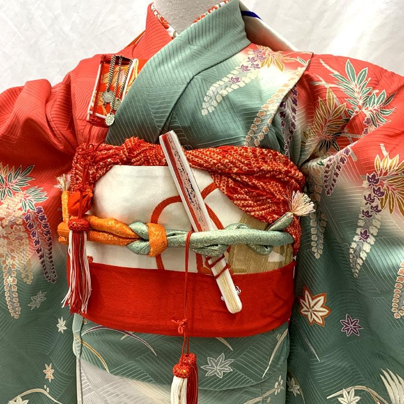 512ag21□七五三 七歳 女児 着物&袋帯&長襦袢 鶴 藤 露芝□状態良好