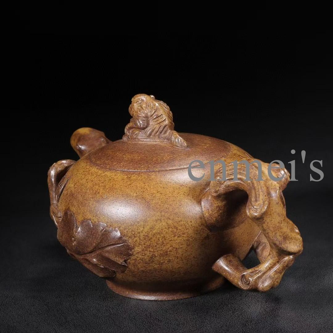 中国紫砂壺・母子獅子彫刻茶壺・底款:蒋蓉・原鉱段泥・急須・茶道具・置物・煎茶道具