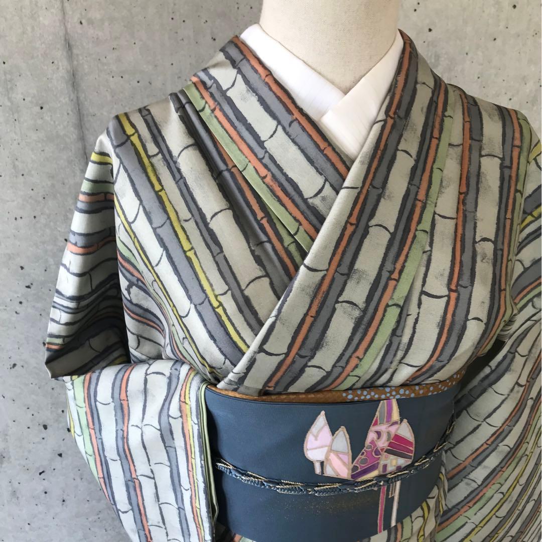 【竹柄】本場大島紬　デザイン柄　染　袷　落款　パールトーン加工