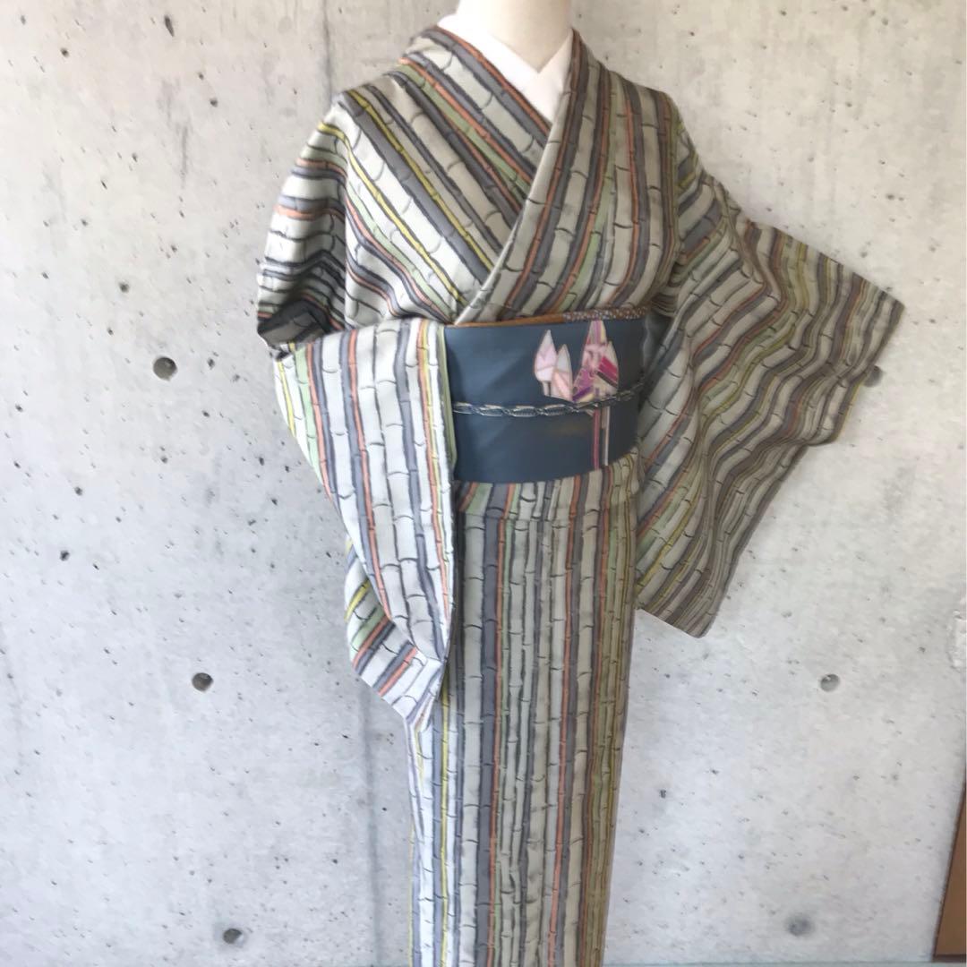 【竹柄】本場大島紬　デザイン柄　染　袷　落款　パールトーン加工