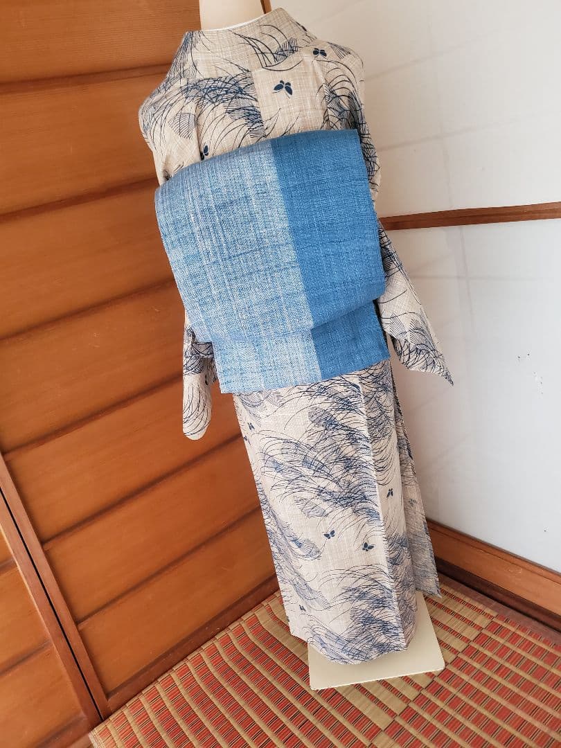 【麗しのふだんキモノ＊】奥州小紋風の浴衣　ベージュ×青　スモールサイズ　綿