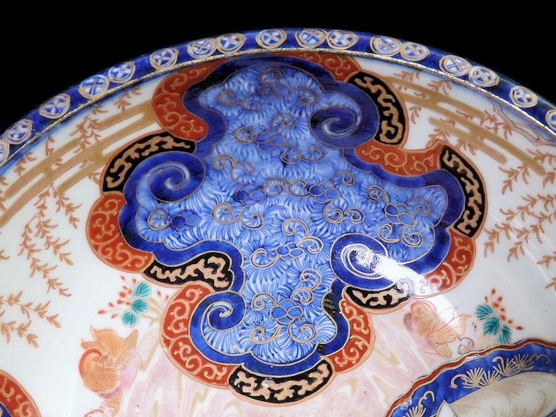 古伊万里　金襴手　流水にオシドリ　菊に尾長鳥の図　大鉢　D078AS-fbqm