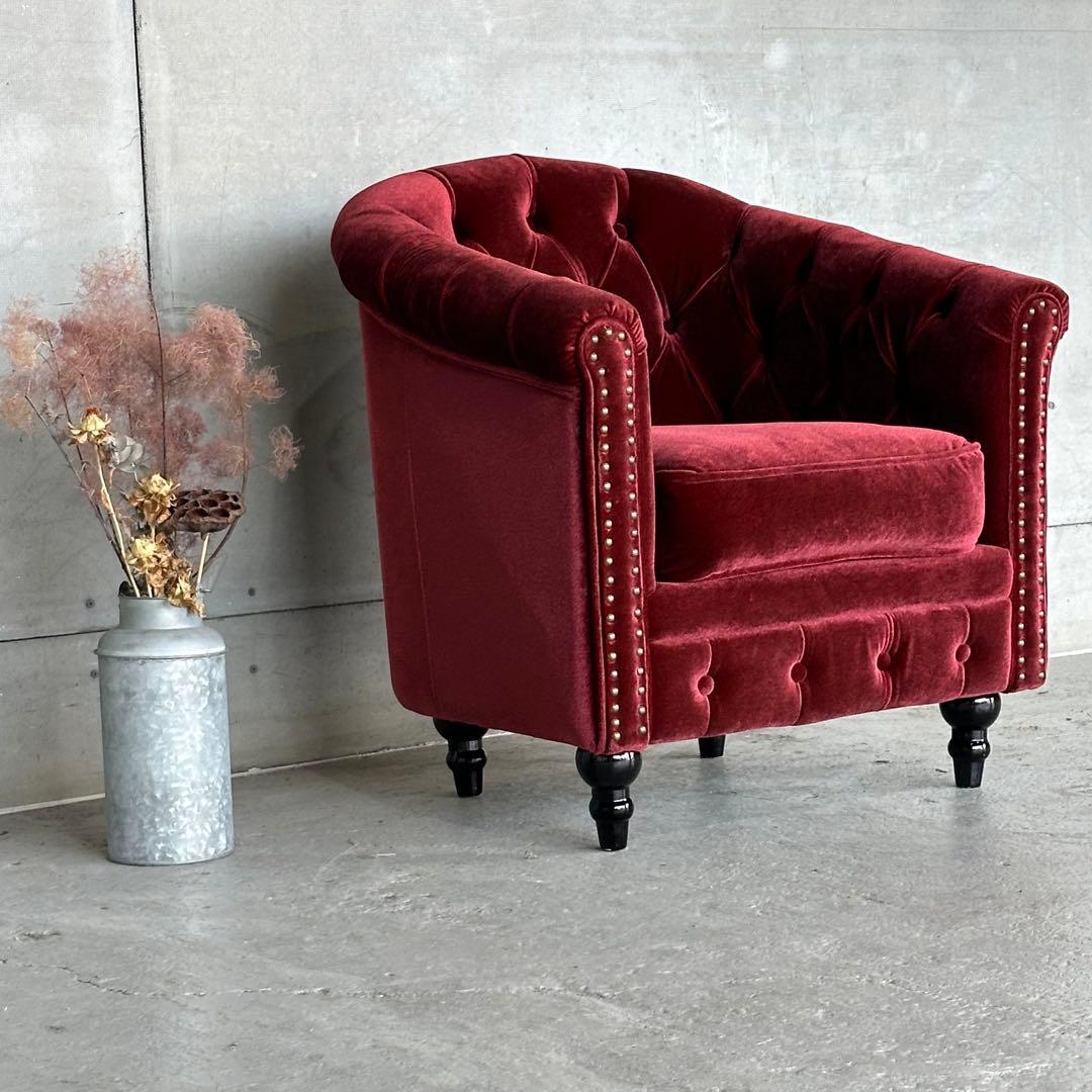 ★VINCENT★チェスターフィールド 1Pソファ ベルベット アンティーク風