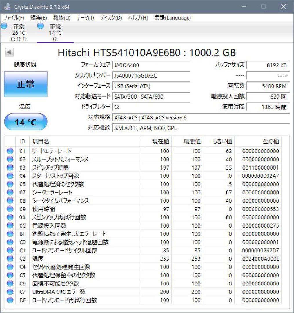 内蔵型ハードディスクドライブ HGST HDD 2.5inch 1TB HTS541010A9E680