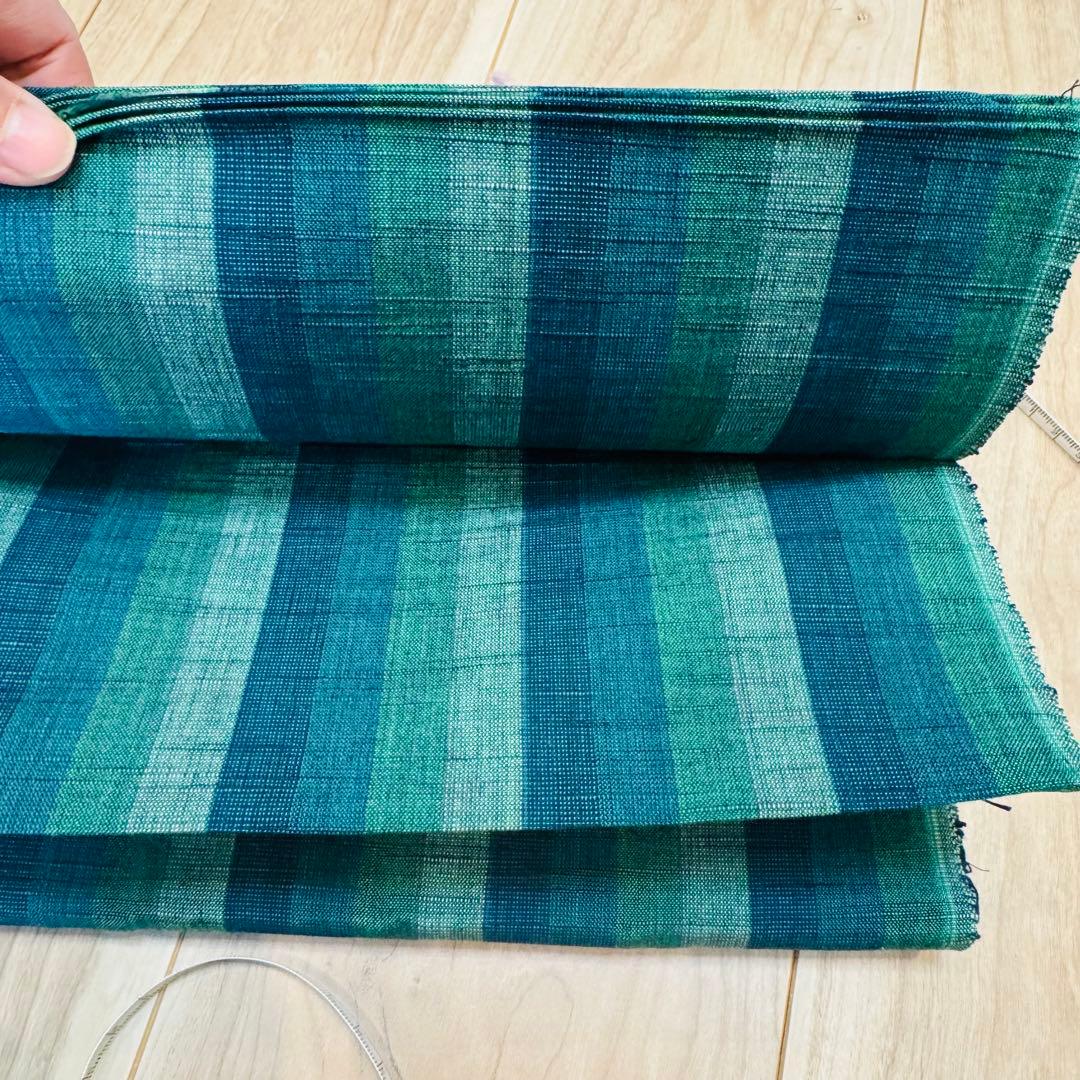 未使用　しつけ付　超美品　会津木綿　綿　反物　証紙付　緑　リメイク　ハンドメイド
