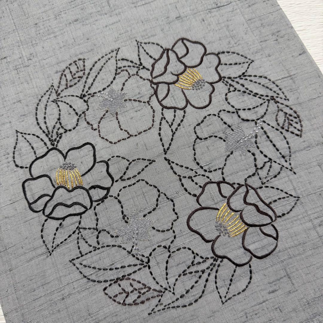 m-109 刺し子 刺繍　紬　花 名古屋帯 正絹