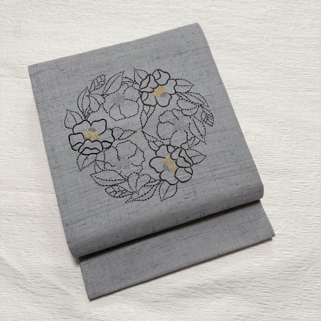 m-109 刺し子 刺繍　紬　花 名古屋帯 正絹