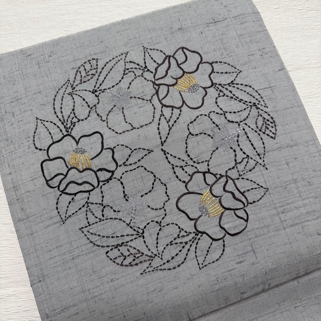 m-109 刺し子 刺繍　紬　花 名古屋帯 正絹