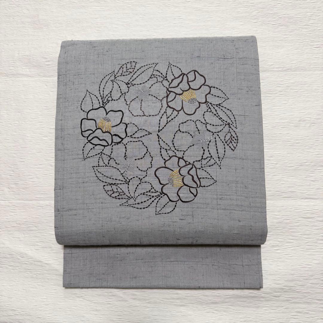 m-109 刺し子 刺繍　紬　花 名古屋帯 正絹