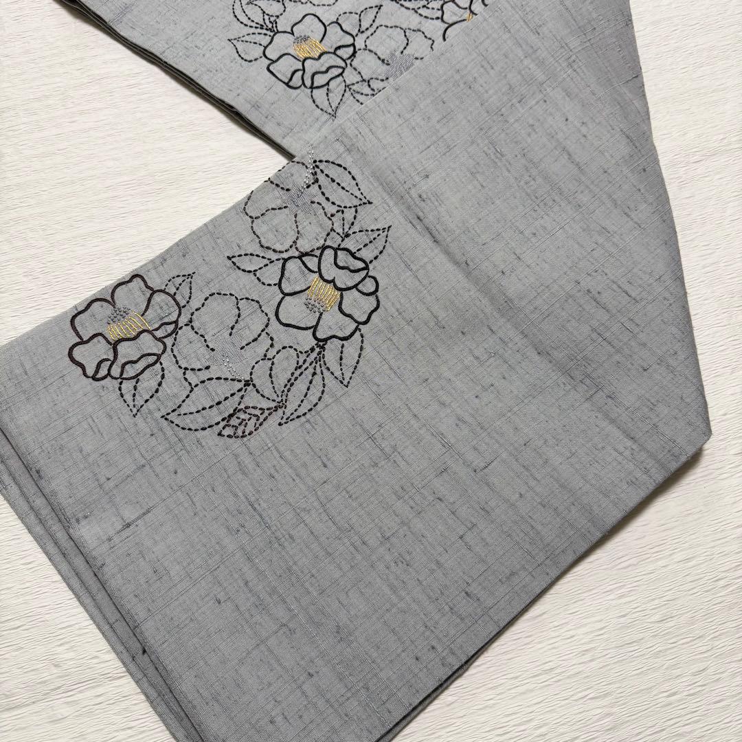m-109 刺し子 刺繍　紬　花 名古屋帯 正絹