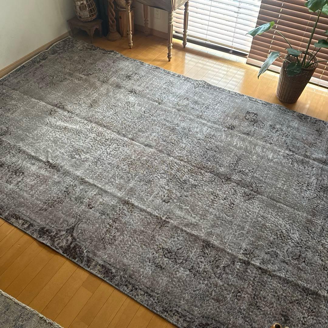 超大判182×293 貴重グレイオーバーダイ　メダリオン　トルコヴィンテージラグ