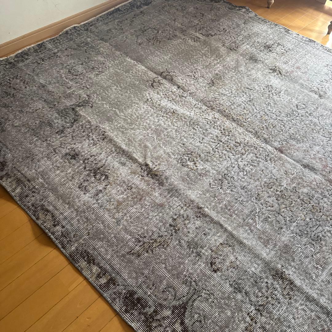 超大判182×293 貴重グレイオーバーダイ　メダリオン　トルコヴィンテージラグ