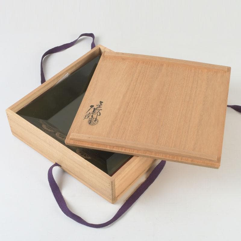 和食器　茶懐石　山中塗　辻石斎作　螺鈿装飾　片輪蒔絵　四方盆　共箱　N　9855