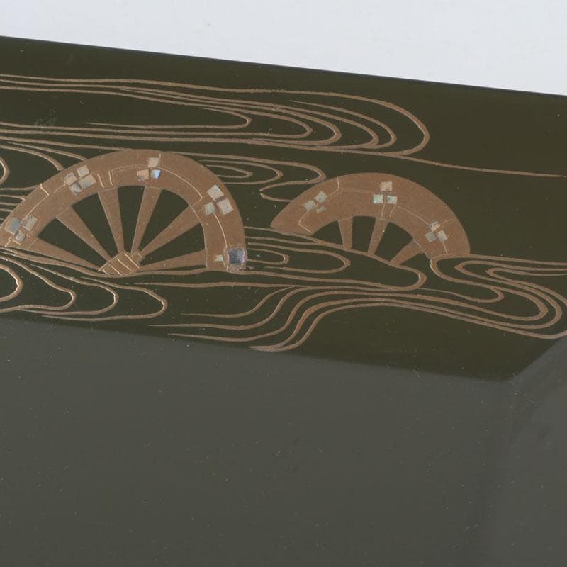 和食器　茶懐石　山中塗　辻石斎作　螺鈿装飾　片輪蒔絵　四方盆　共箱　N　9855