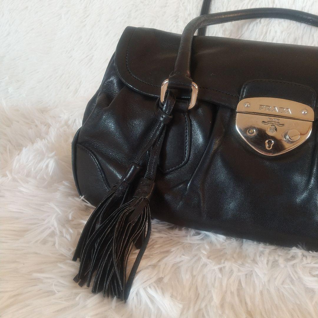 プラダ PRADA ハンドバッグ フリンジ ブラック レザー黒Y2Kヴィンテージ