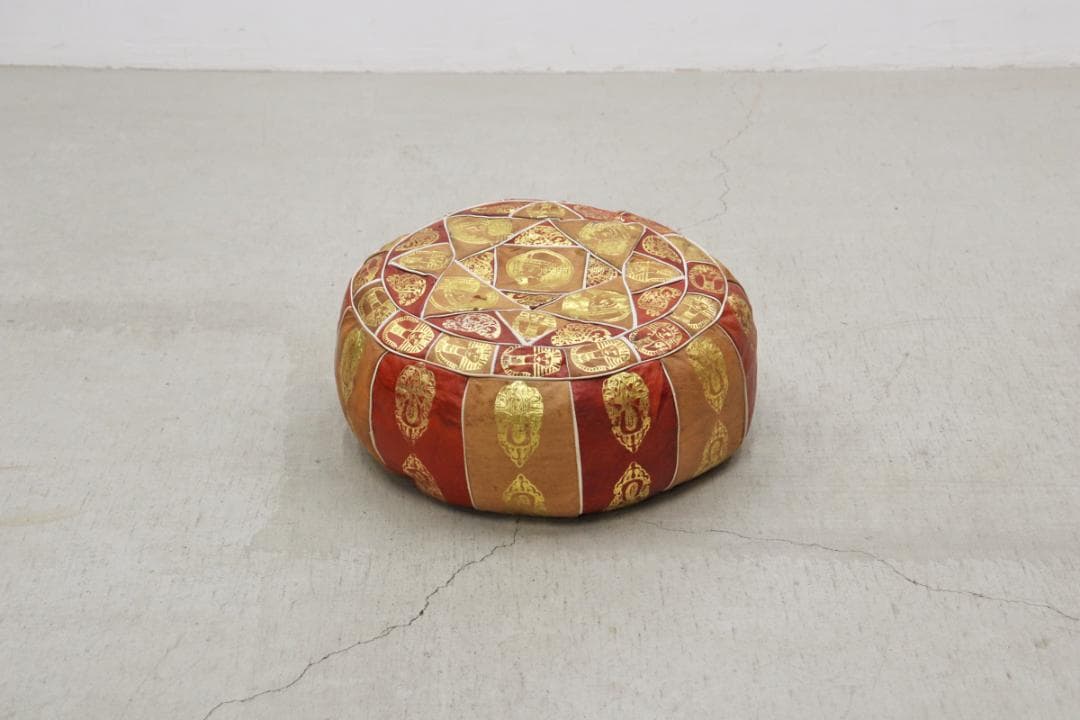 ヴィンテージ エジプト 本革 プフ クッション スツール 円形 座椅子 2