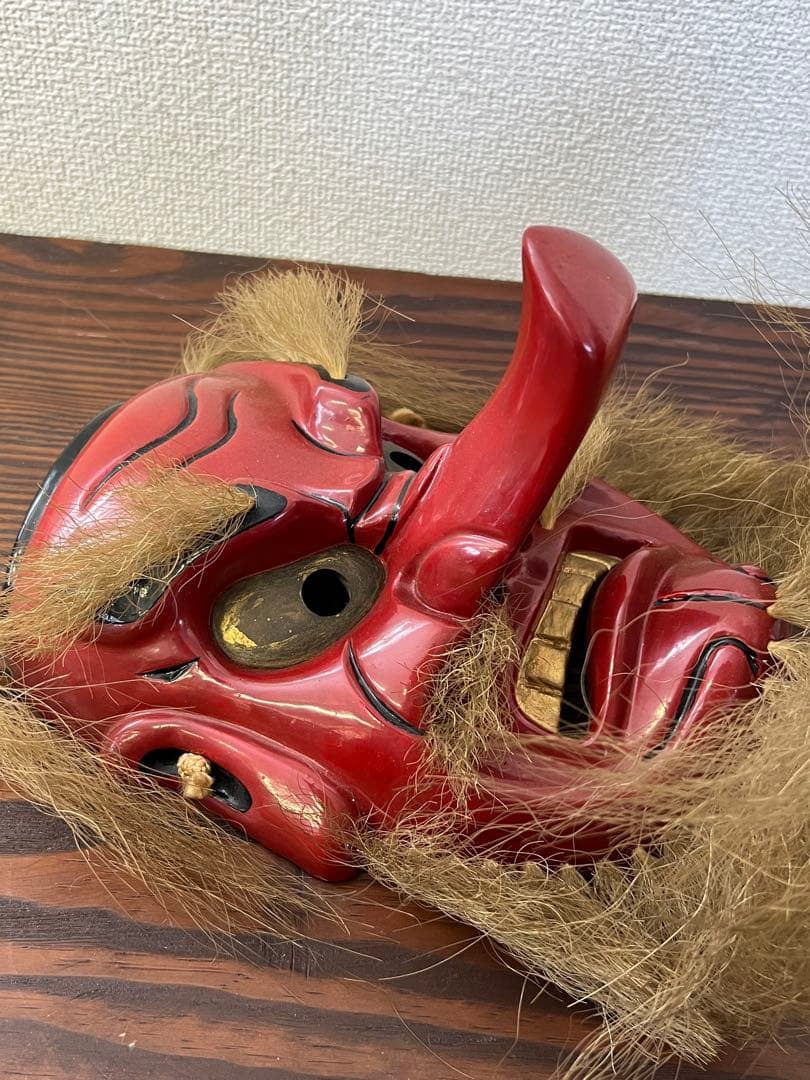 備中神楽面　猿田彦命　天狗面　木彫　中川剛山作