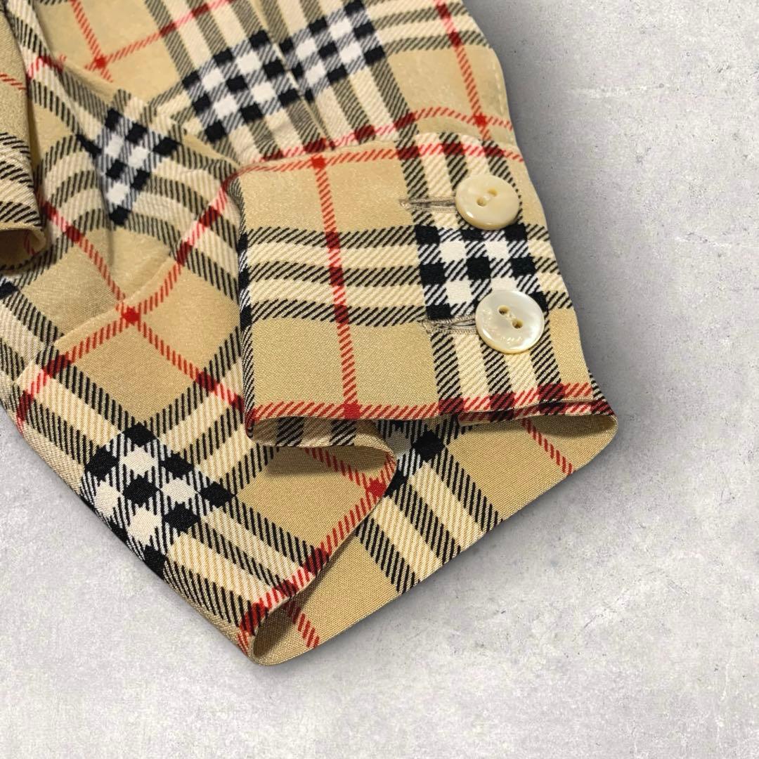 【美品　シルク100%】バーバリー　ノーカラー長袖シャツ　ノバチェック　ベージュ