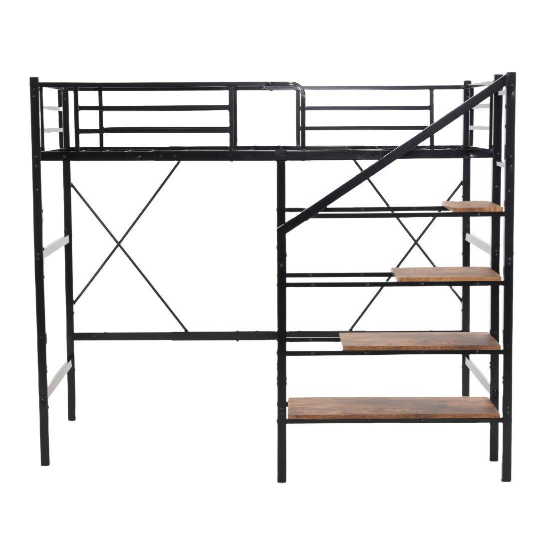 ロフトベッド 階段付き シングル パイプベッド コンセント付き 収納スチール耐震