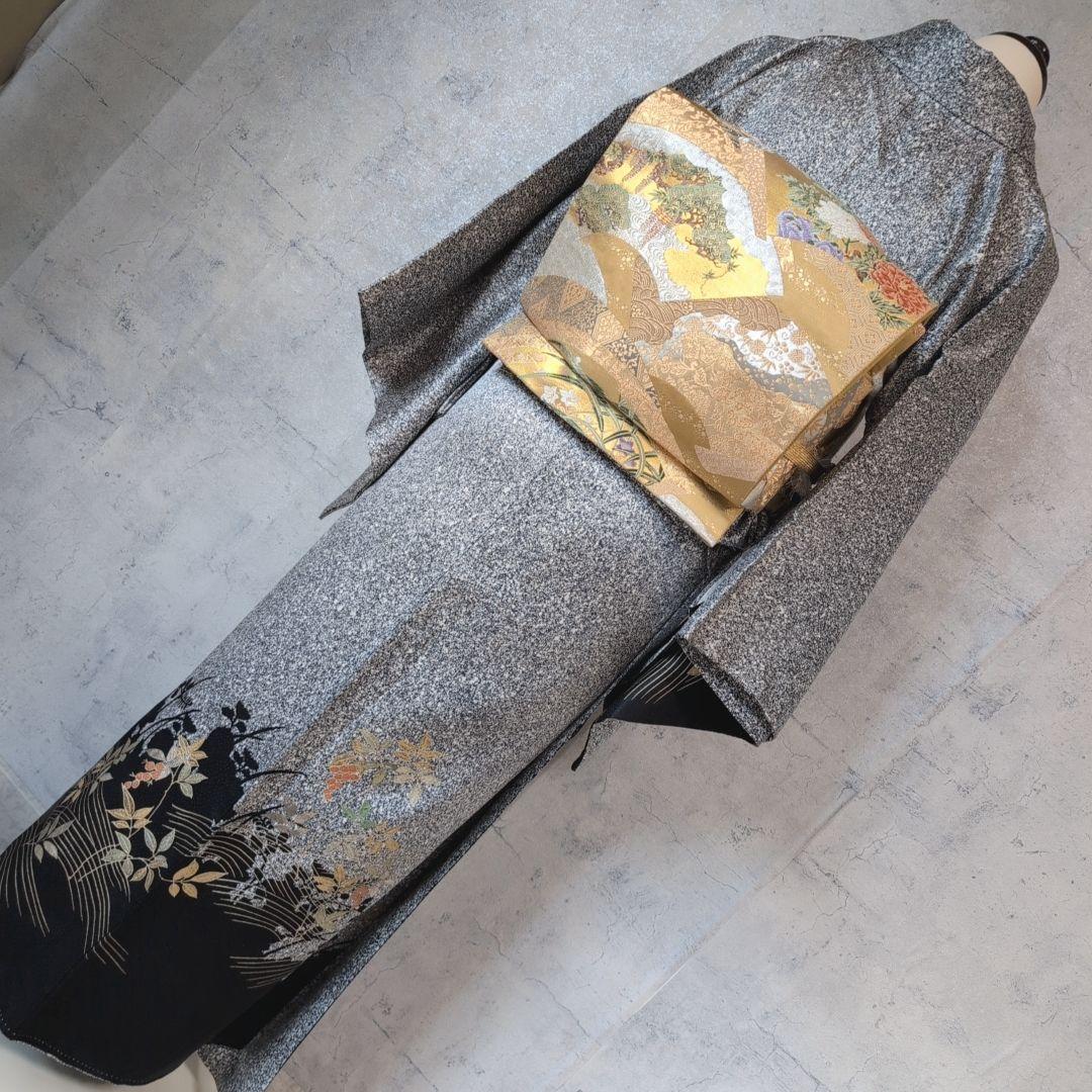 訪問着　フルセット　着物　正絹　たたき染め　金　刺繍　実　白黒　F4