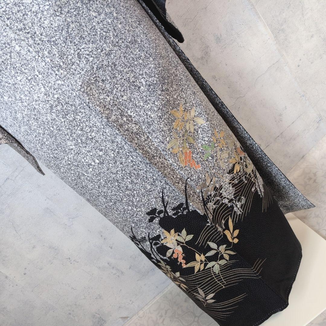 訪問着　フルセット　着物　正絹　たたき染め　金　刺繍　実　白黒　F4