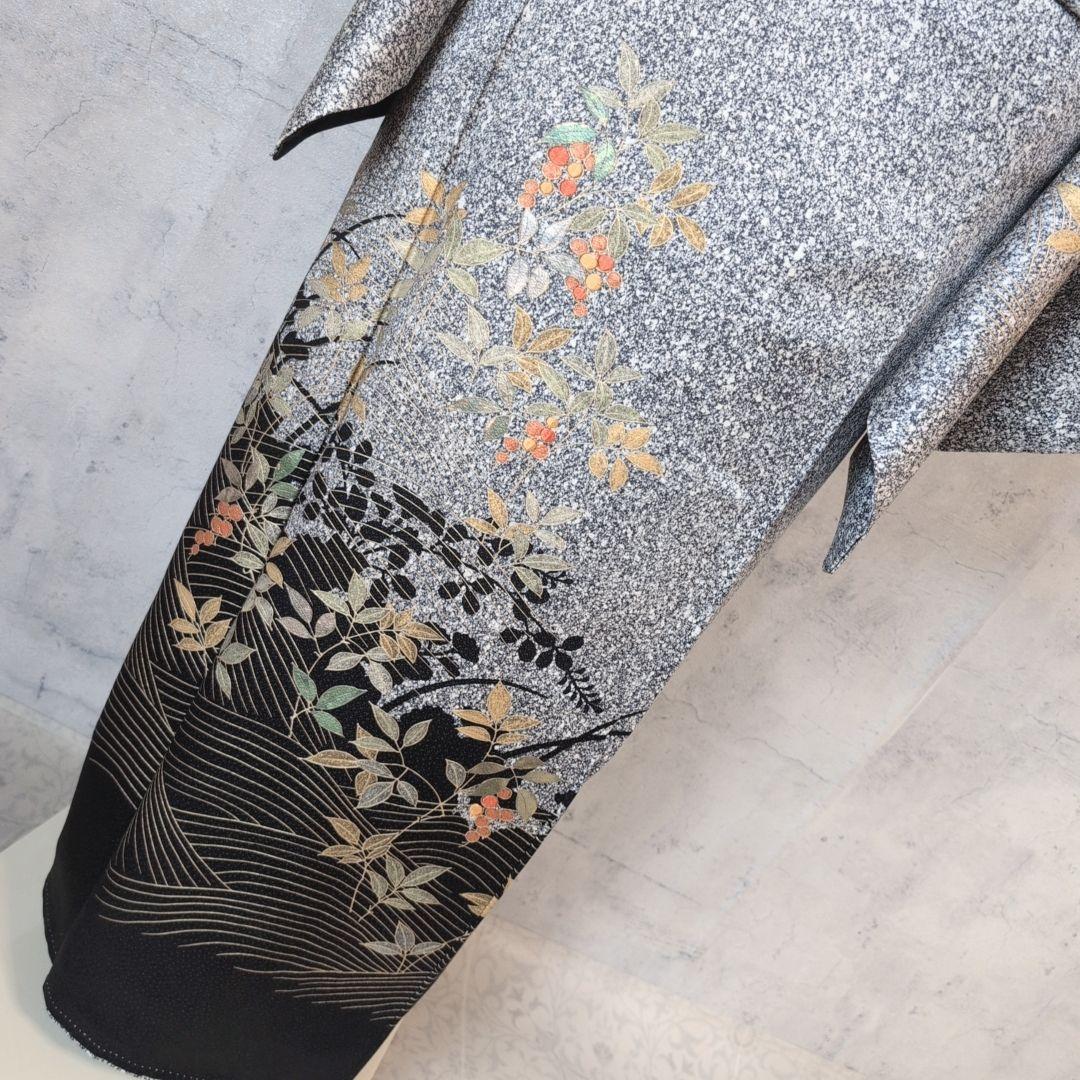 訪問着　フルセット　着物　正絹　たたき染め　金　刺繍　実　白黒　F4