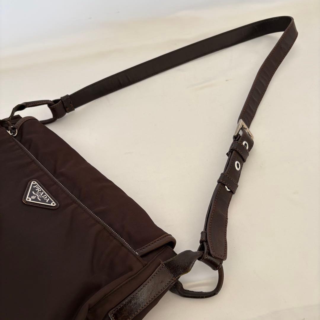 PRADA プラダ 三角ロゴ ショルダーバッグ レザー ブラウン ナイロン