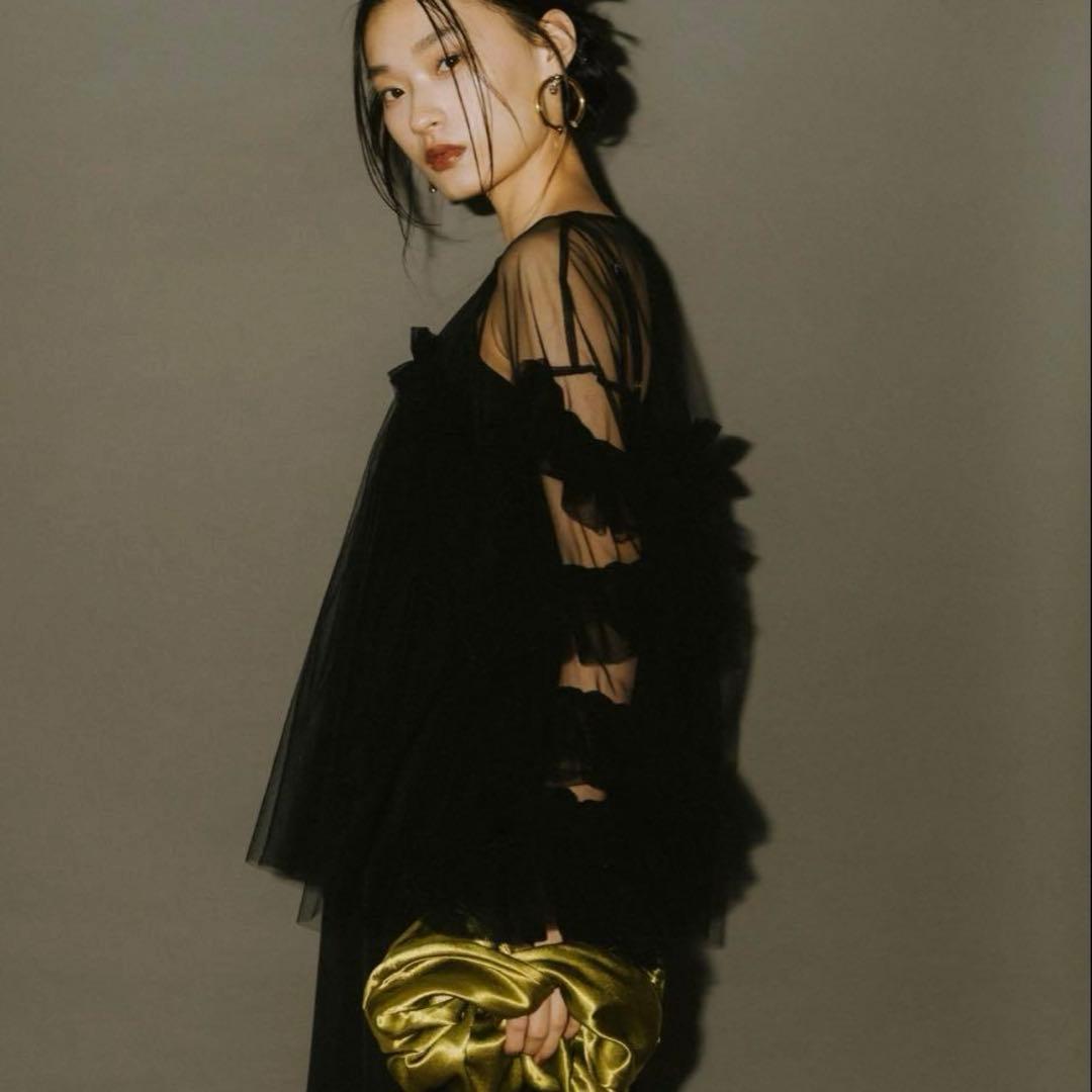 【新品タグ付き】ANDRESD／チュールレース ギャザー ブラウス／ブラック／Ｆ