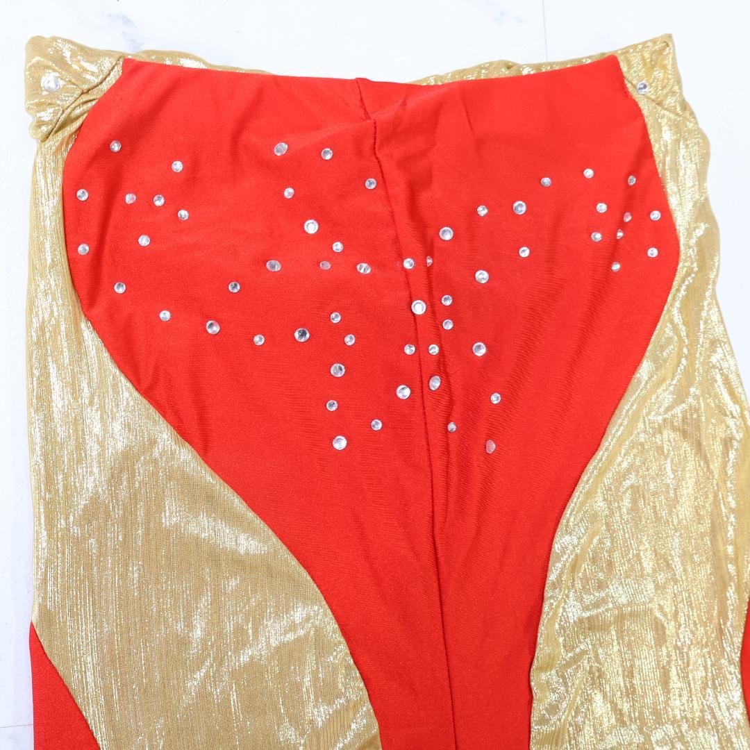【ベリーダンス用 オリエンタル衣装】レッド×ゴールド ストーンラメ タイト 赤