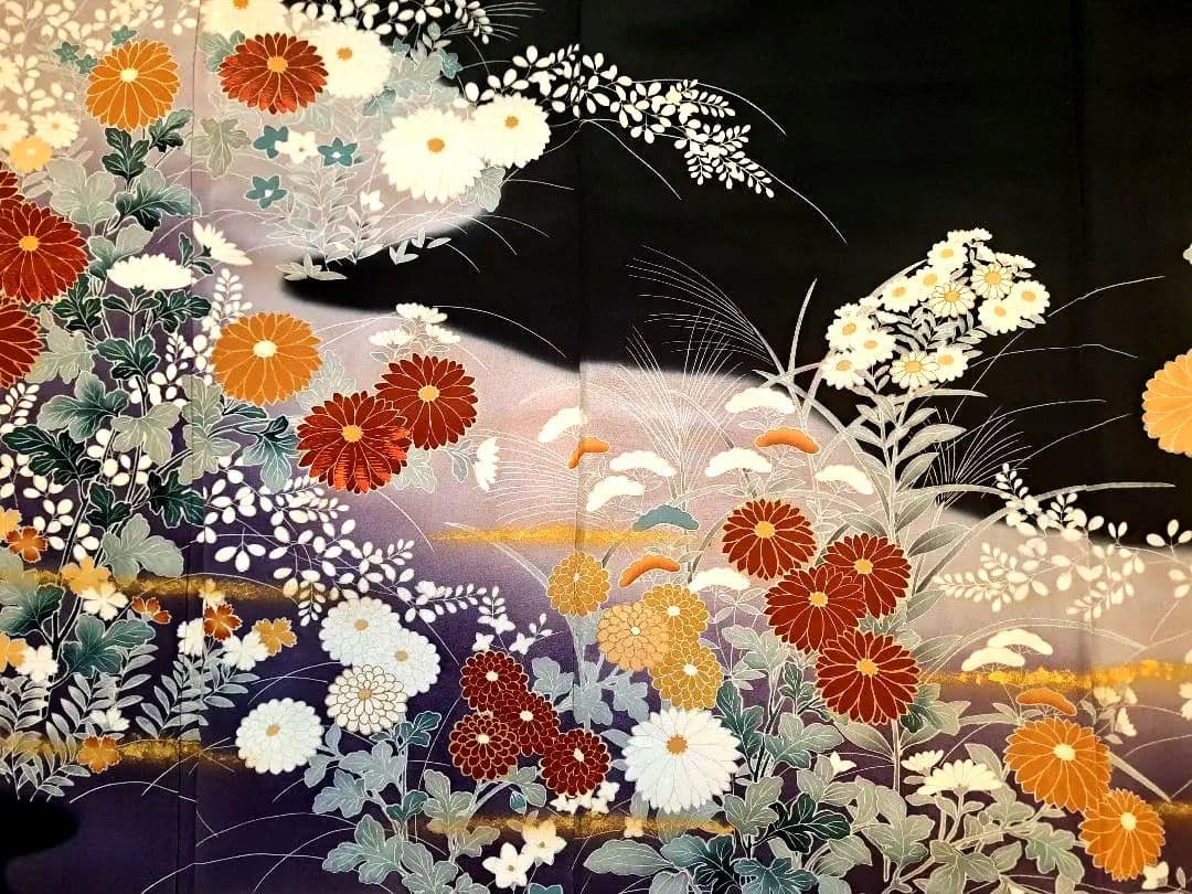 美品❇️豪華黒留袖　手描友禅暈し染め ５つ紋　比翼仕立て　ブルセット