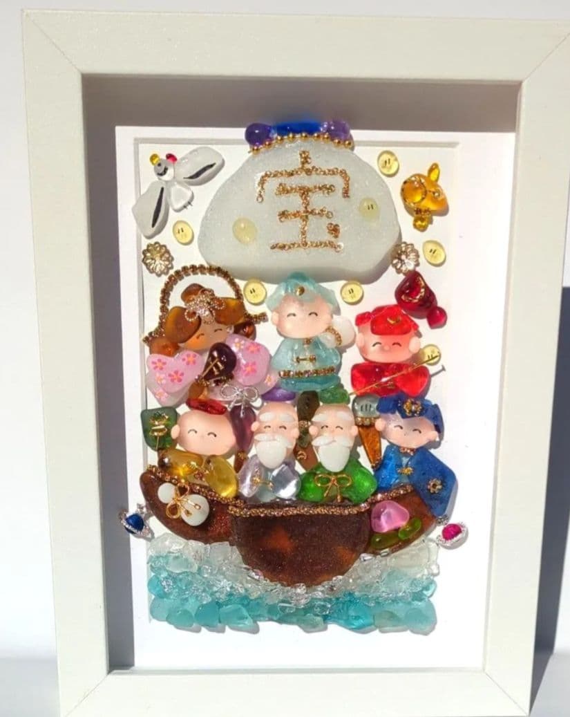 シーグラスアート　七福神白フレーム　全面透明フレームつき　ゲリラ出品