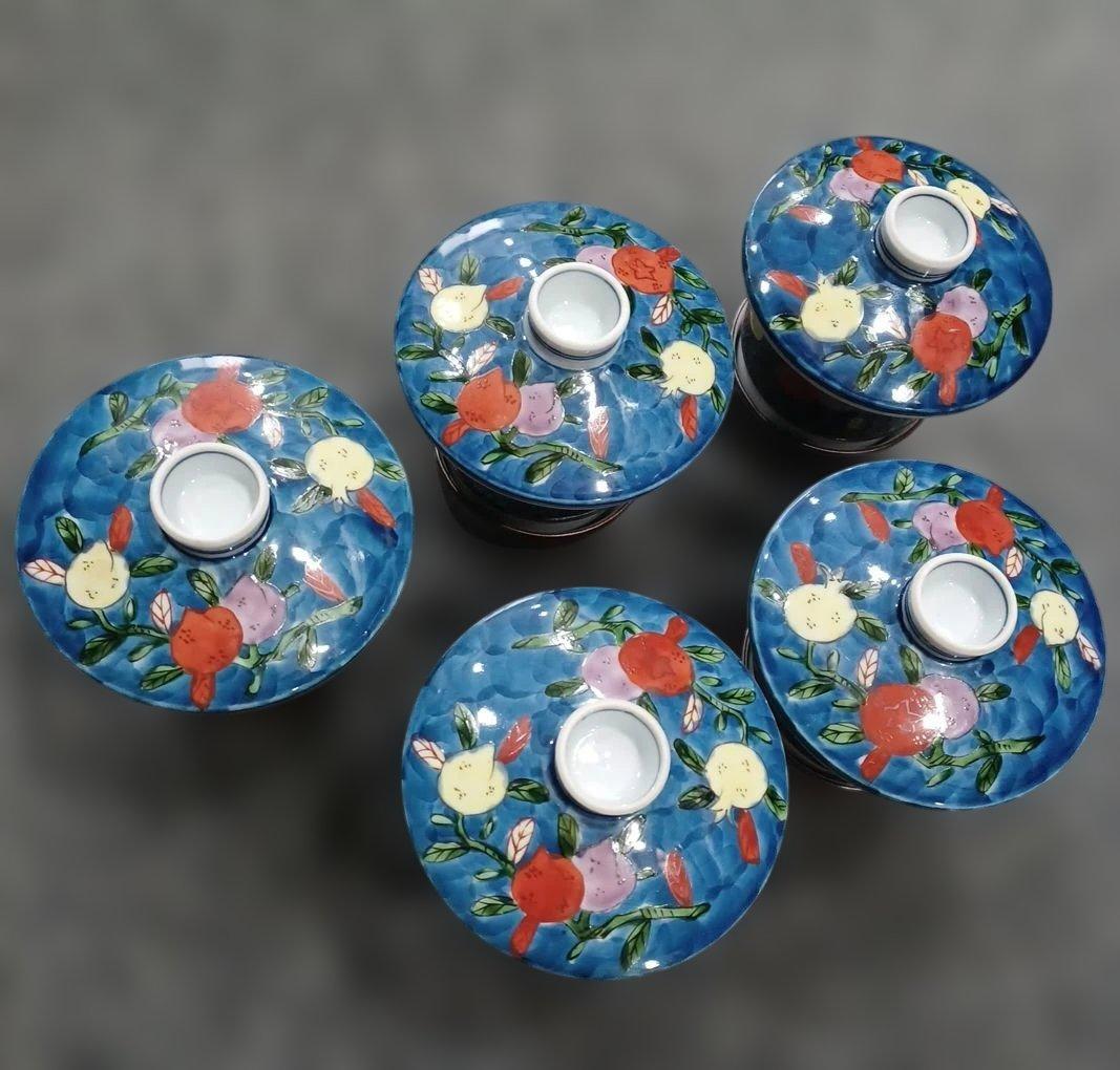 源右衛門 染錦桃絵蒸碗 蓋付碗 台皿付 5客