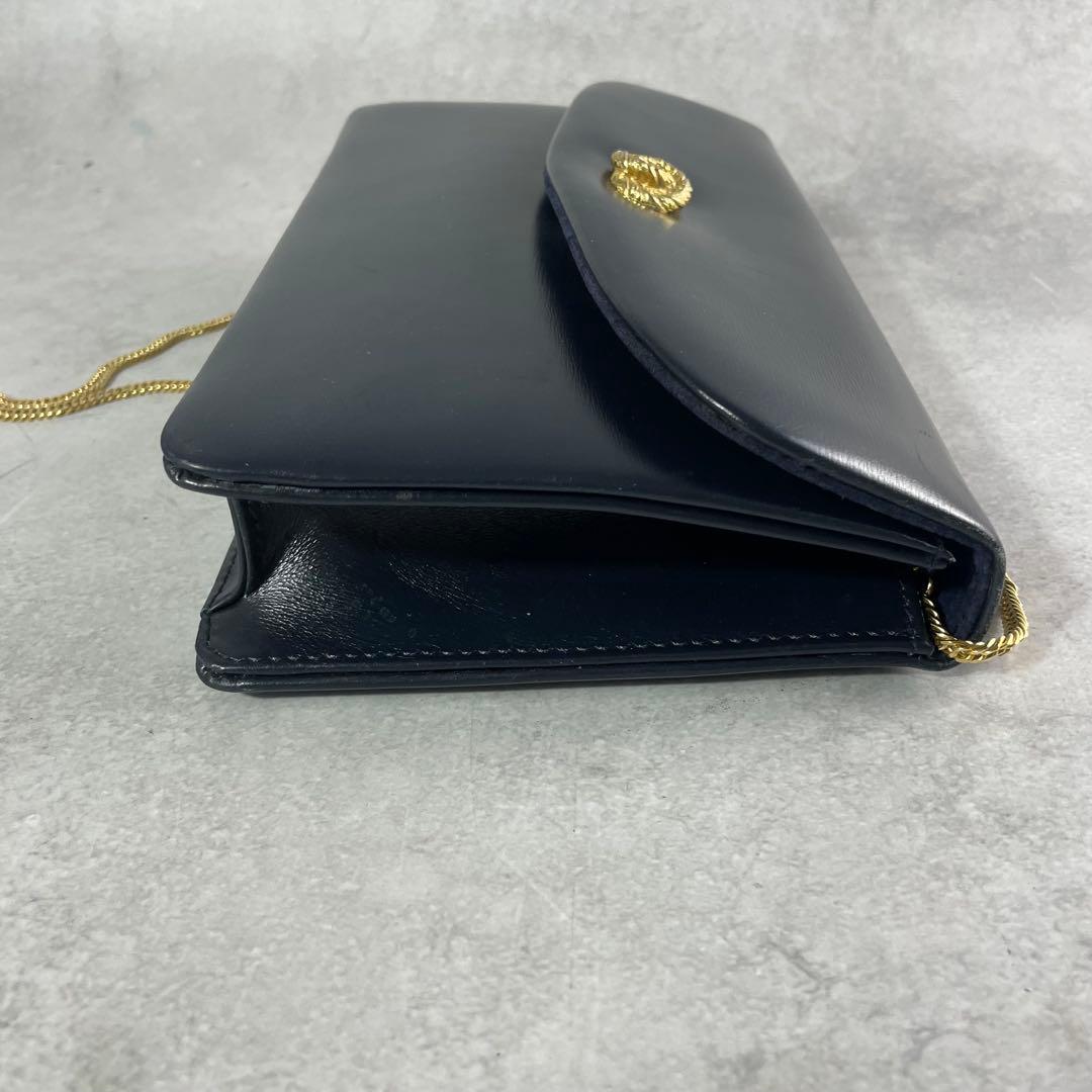 極美品✨ ロウナーロンドン チェーンショルダーバッグ レザー ネイビー 皇室