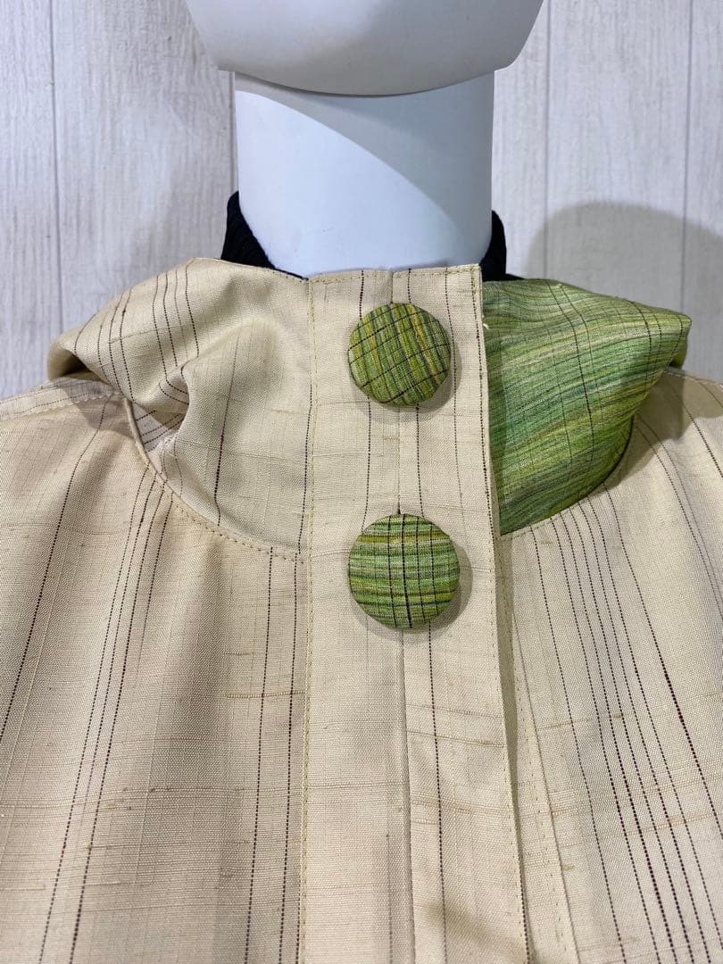 正絹紬訪問着 村山大島紬 リバーシブル フードポンチョ (難あり)