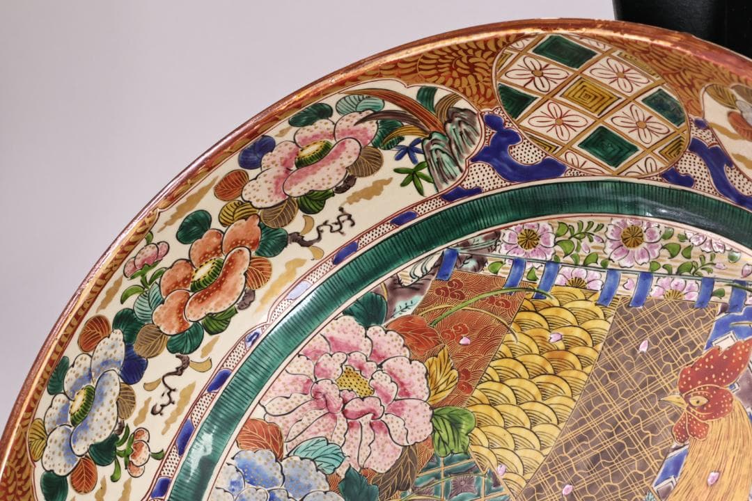 古九谷　九谷焼　吉田屋釜　花鳥鶏図　大鉢　金魚鉢　直径38.5㎝　BK139