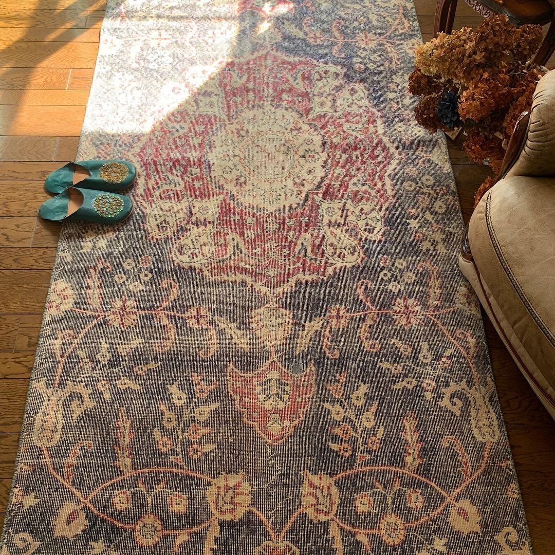 大判　ロング　251×112 トルコヴィンテージラグ　インディゴ　ローズレッド