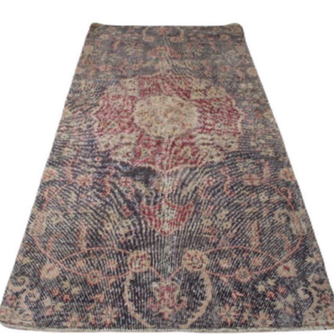 大判　ロング　251×112 トルコヴィンテージラグ　インディゴ　ローズレッド