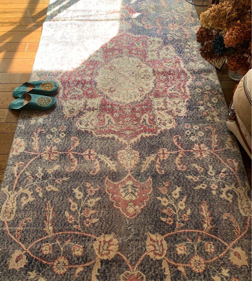 大判　ロング　251×112 トルコヴィンテージラグ　インディゴ　ローズレッド