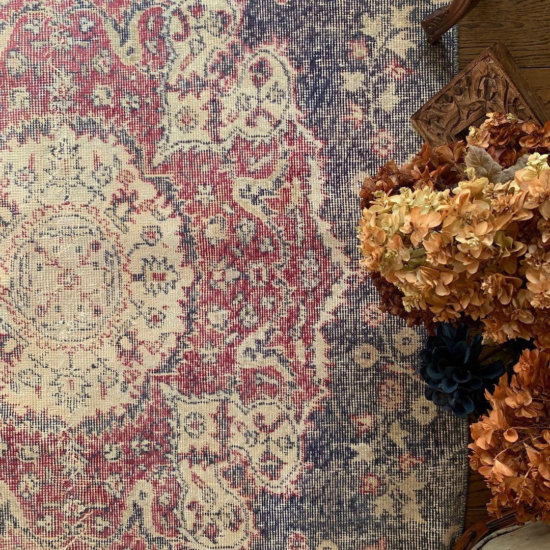 大判　ロング　251×112 トルコヴィンテージラグ　インディゴ　ローズレッド