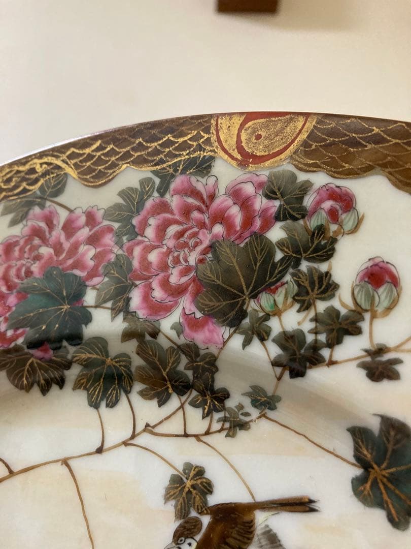 明治　手描き　夫婦雁と牡丹　大皿　2枚　縁起　時代　〈検 横濱焼　隅田焼　眞葛焼