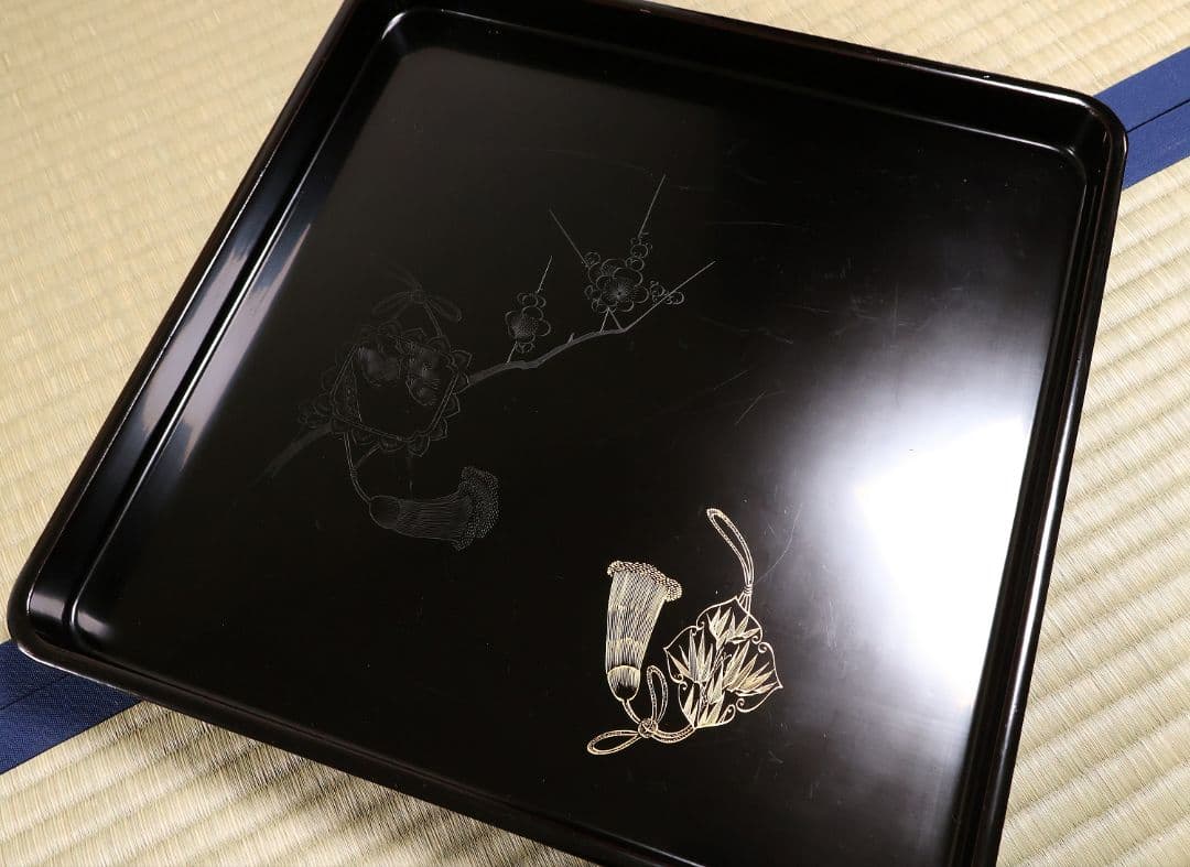 大正 本堅地 黒艶消 風鎮松竹梅 沈金 会席膳 十客 木製漆器【CM182】