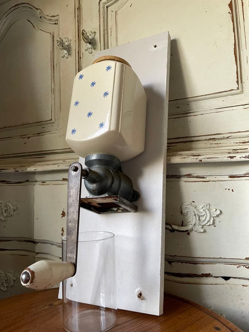 フランス　アンティーク 壁掛け　コーヒーミル　グラインダー 陶器　ドット　星