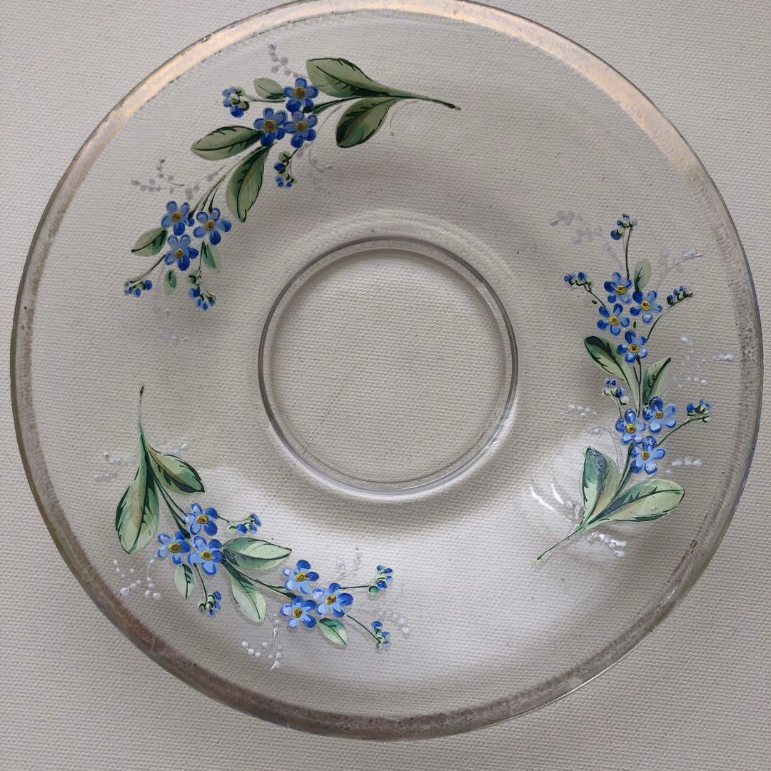 古いガラス皿　プレート　ソーサー　フランス　アンティーク　青い花　no.102
