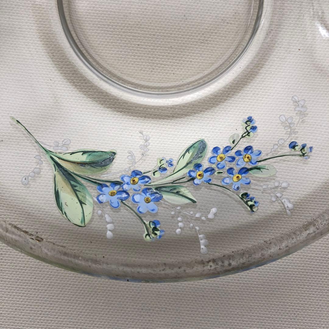 古いガラス皿　プレート　ソーサー　フランス　アンティーク　青い花　no.102