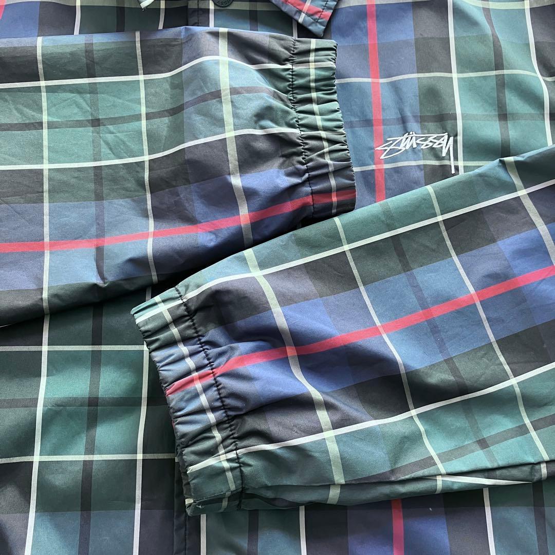 【美品✨】Stussy チェック柄 コーチジャケット ロゴ刺繍 緑 Mサイズ