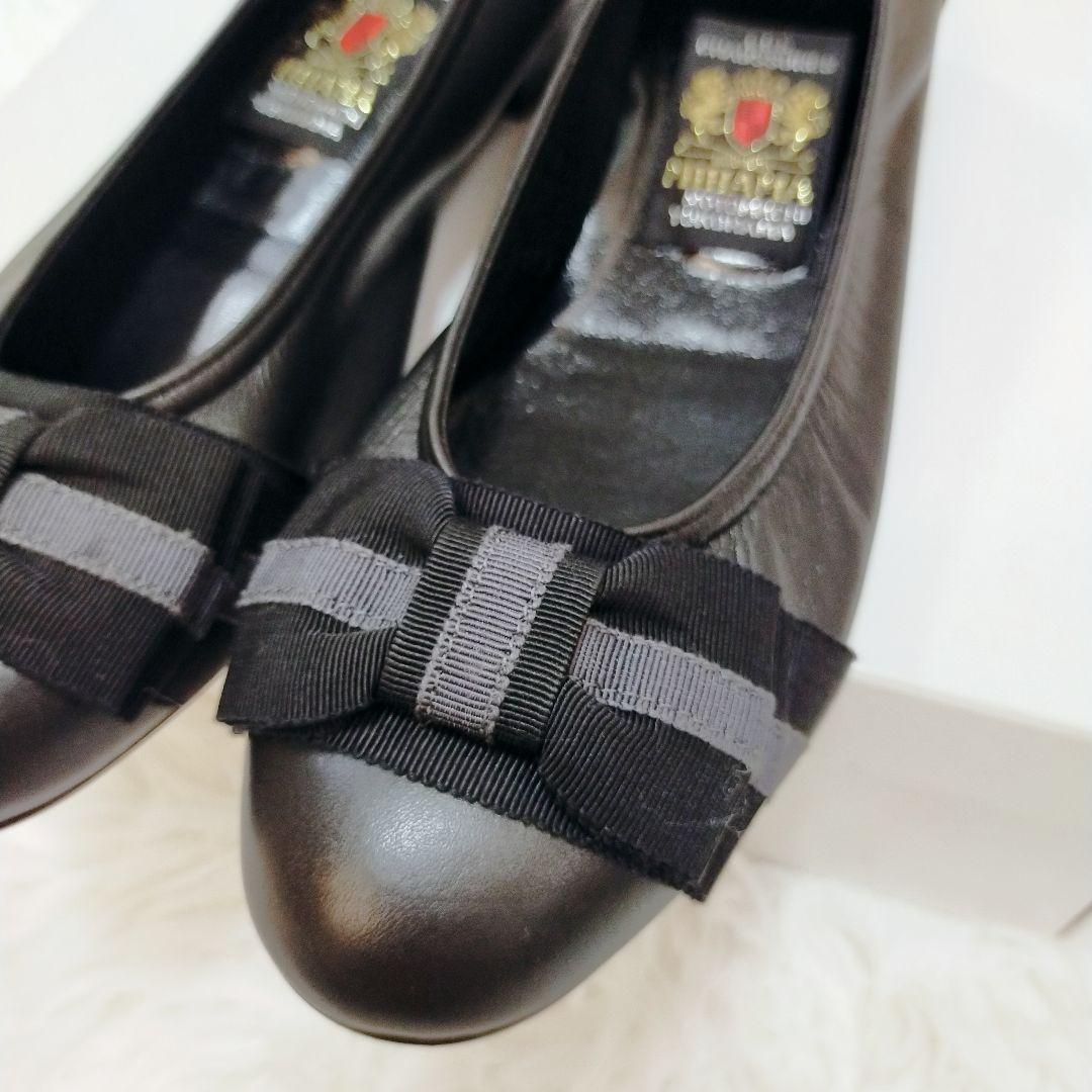 現行品☆MIHAMA リボンパンプス レザー ブラック 24cm ラウンドトゥ