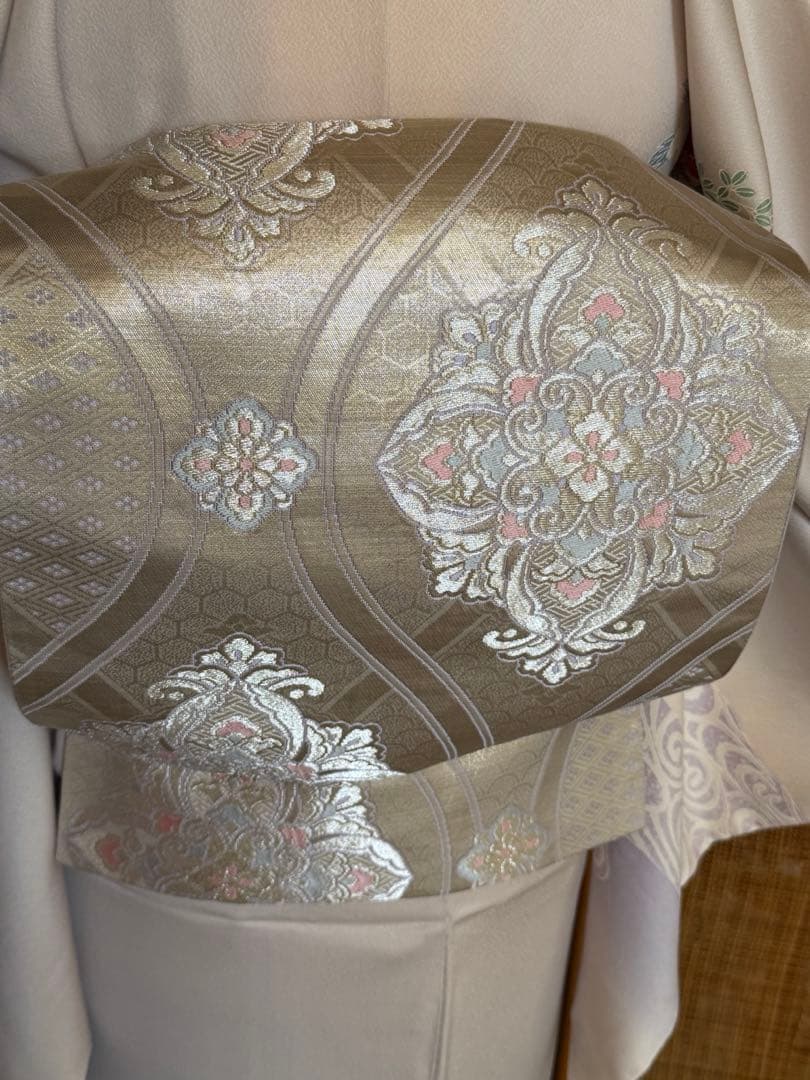 訪問着フルセット、扇面、流水、牡丹と四季の花　グラデーション　しつけ付き未使用品