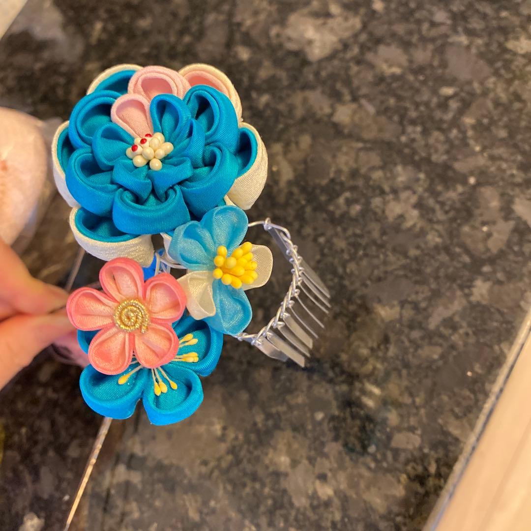 日本髪 髪飾り 七五三(7歳)～成人式 (ブルー×ピンク)