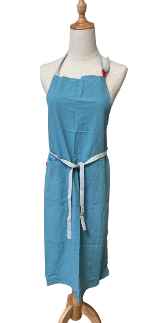 綿麻　エプロン　リネン シンプル　おしゃれ カフェ料理 DIY　男女　ブルー