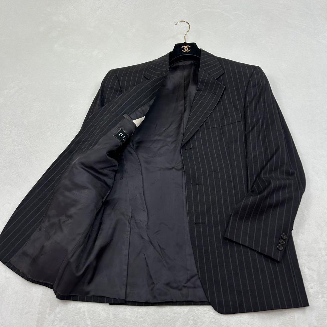 F705 美品 L 48 グッチ ストライプ シングル スーツJKT メンズ